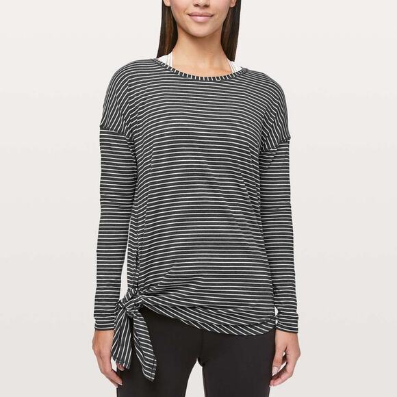 Lululemon To The Point Long Sleeve Modern Stripe Heathered Black White Size 8 - Picture 1 of 5